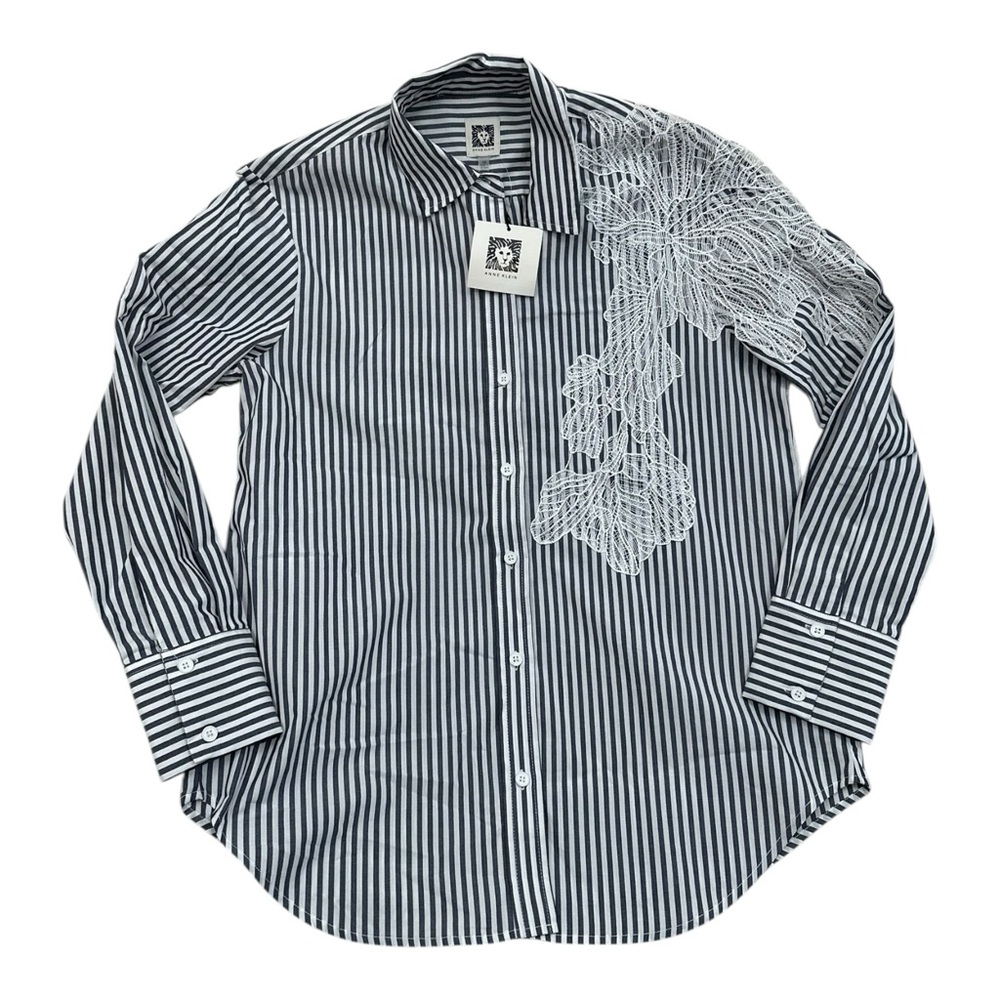 Anne Klein Blue White Striped Button Down Shirt Lace Embellishment NWT - Size XS